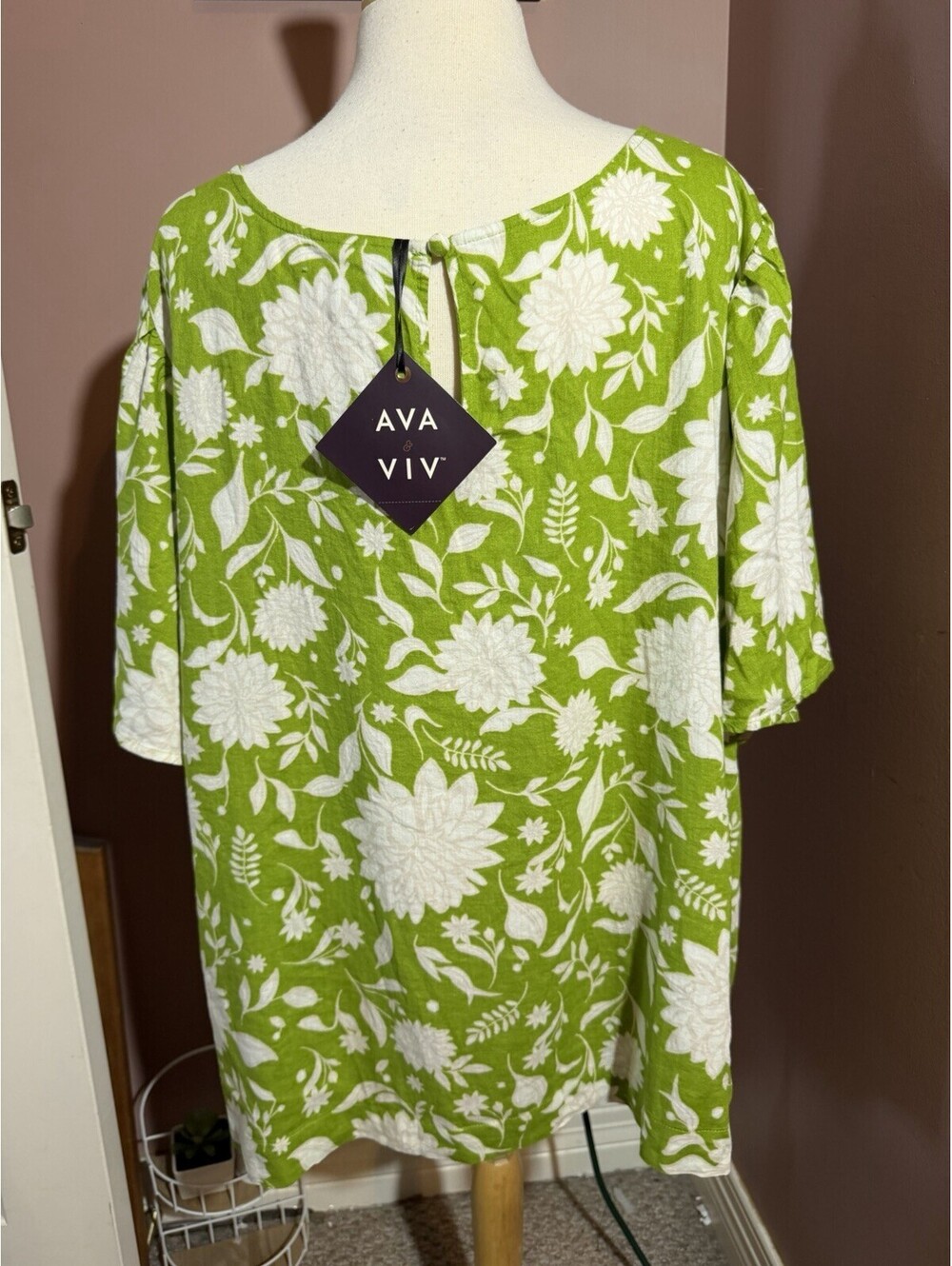 Ava & Viv Linen Blend Blouse Womens 3X Green Floral Beach Resort Wear New - Picture 4 of 11